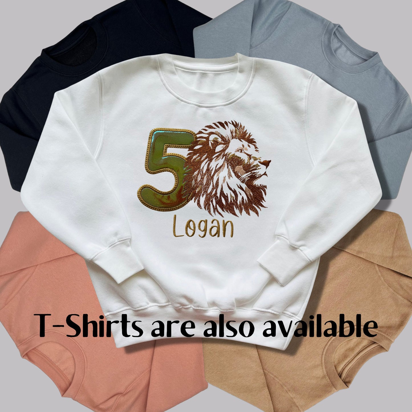 Personalised Embroidered Children's Birthday Top. Magestic Lion's Head, Age in Gold Glitter Vinyl and Child's Name. Perfect for Birthdays
