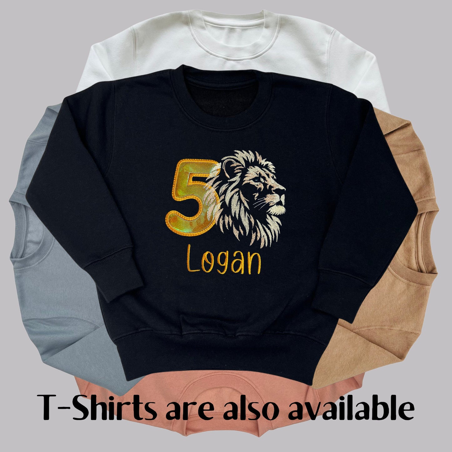 Personalised Embroidered Children's Birthday Top. Magestic Lion's Head, Age in Gold Glitter Vinyl and Child's Name. Perfect for Birthdays