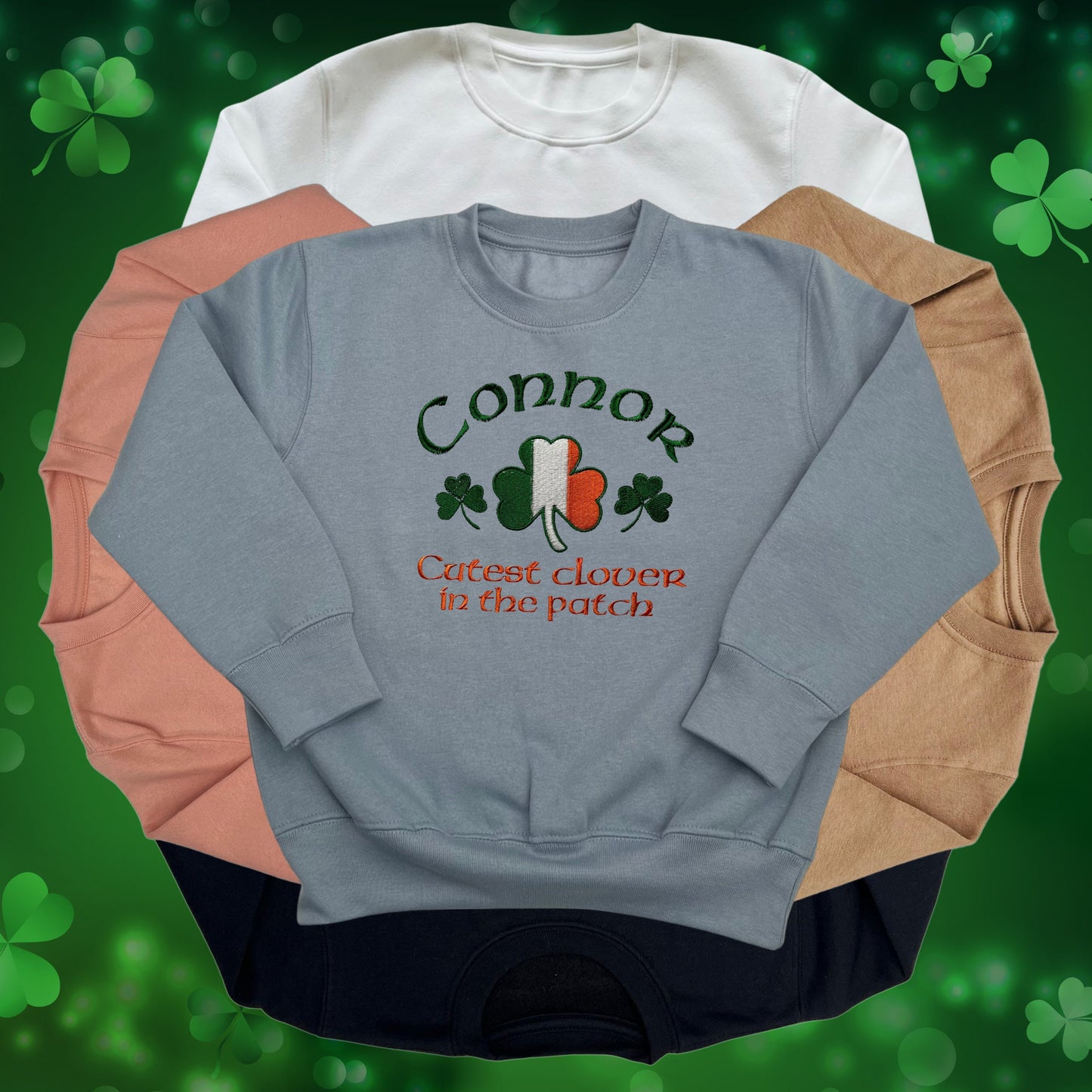Personalised Embroidered Children's St Patrick's Day Top. Shamrock Design Saying 'Cutest clover in the patch' and Personalised with Name.