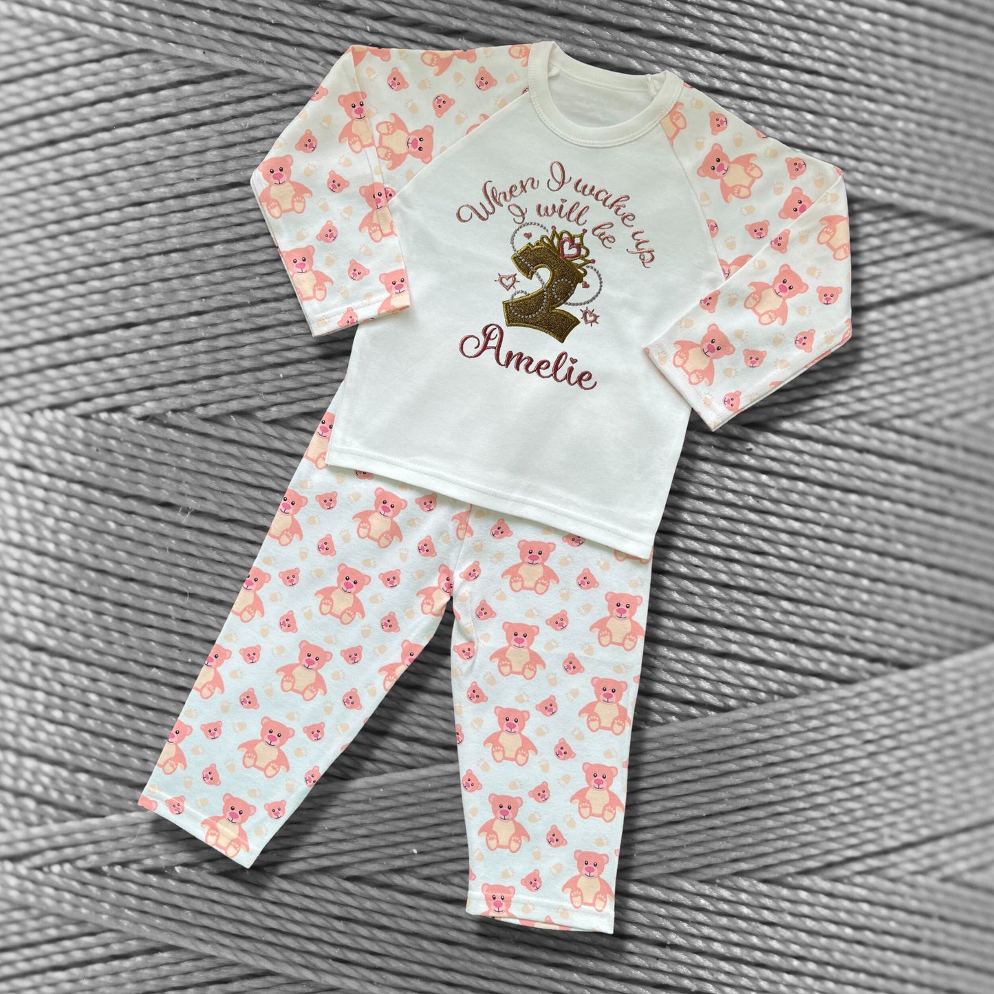 Childrens Personalised Embroidered Pyjamas and Sleepsuits. When I wake up I will be'. Cute Princess Crown Birthday Design with Child's Name.