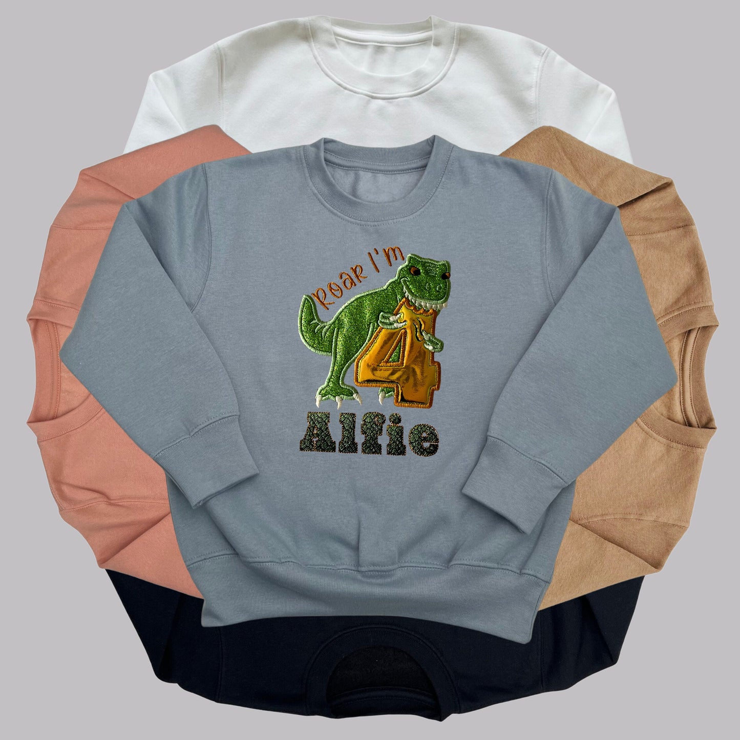 Personalised Embroidered Children's Birthday Top. Embroidered Applique Dinosaur Personalised with Age and Name in a Scaley Font Perfect Gift