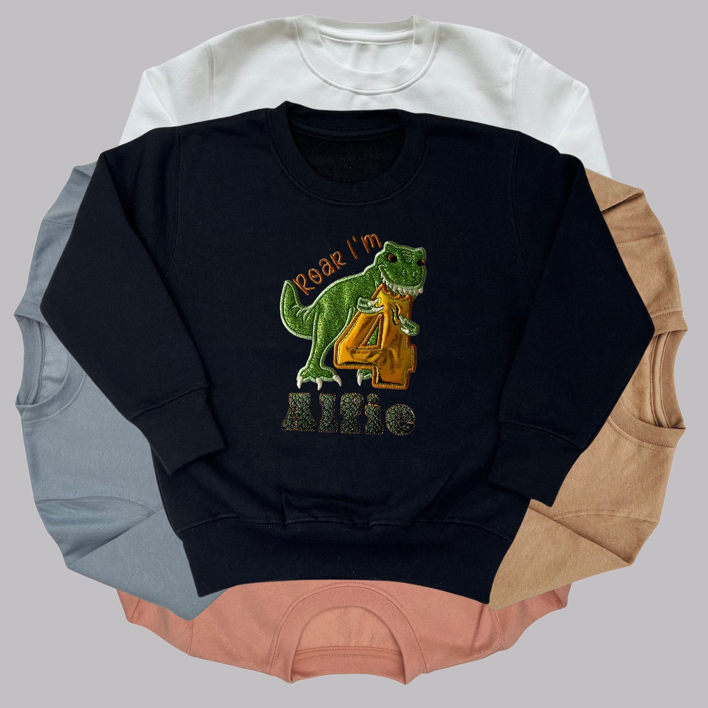 Personalised Embroidered Children's Birthday Top. Embroidered Applique Dinosaur Personalised with Age and Name in a Scaley Font Perfect Gift