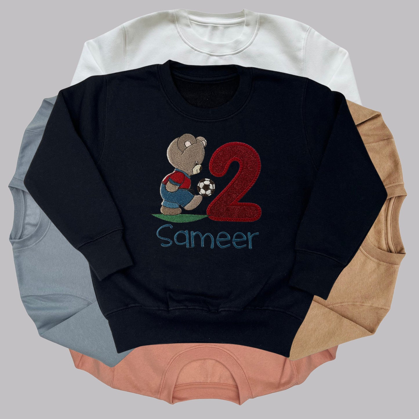 Personalised Embroidered Children's Birthday Top. Cute Embroidered Teddy Bear Kicking a Football. Personalised with Age and Name.