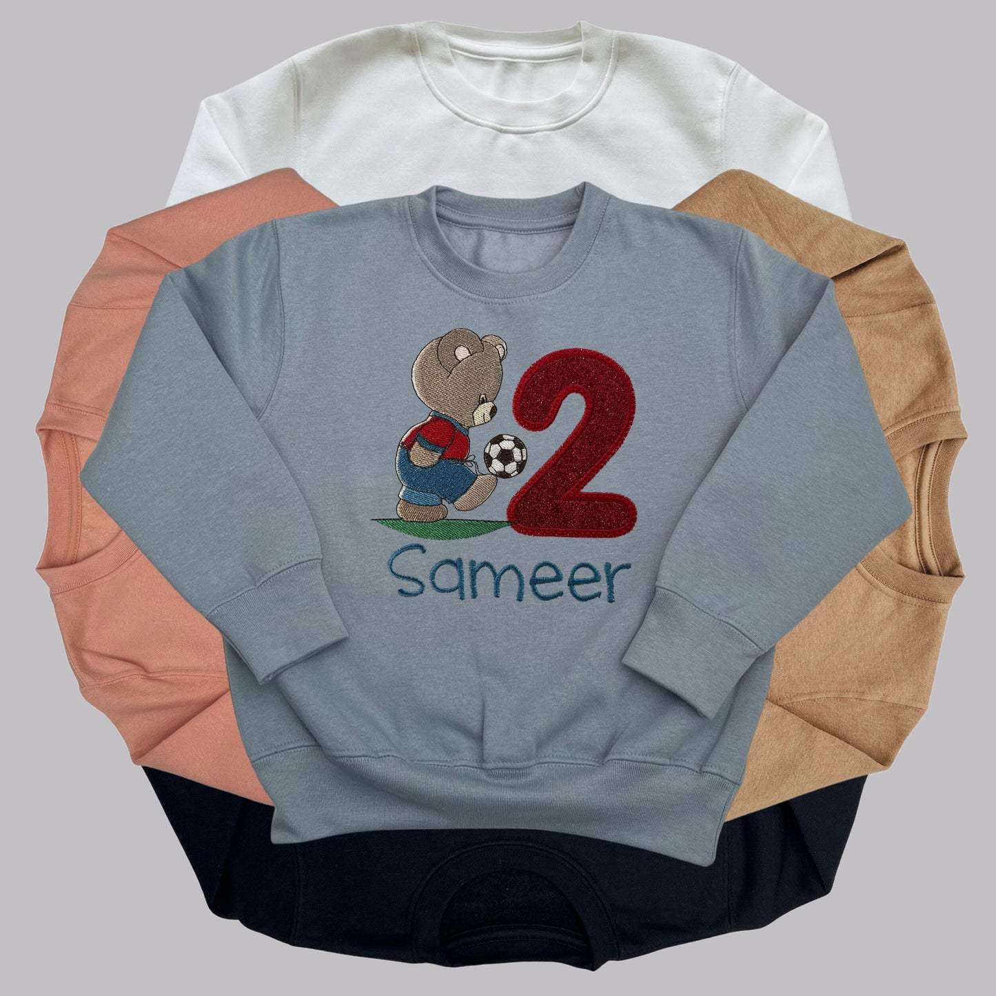 Personalised Embroidered Children's Birthday Top. Cute Embroidered Teddy Bear Kicking a Football. Personalised with Age and Name.