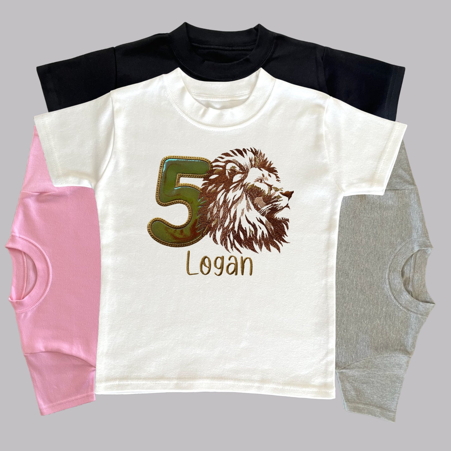 Personalised Embroidered Children's Birthday Top. Magestic Lion's Head, Age in Gold Glitter Vinyl and Child's Name. Perfect for Birthdays