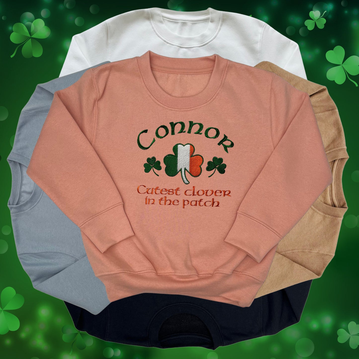 Personalised Embroidered Children's St Patrick's Day Top. Shamrock Design Saying 'Cutest clover in the patch' and Personalised with Name.
