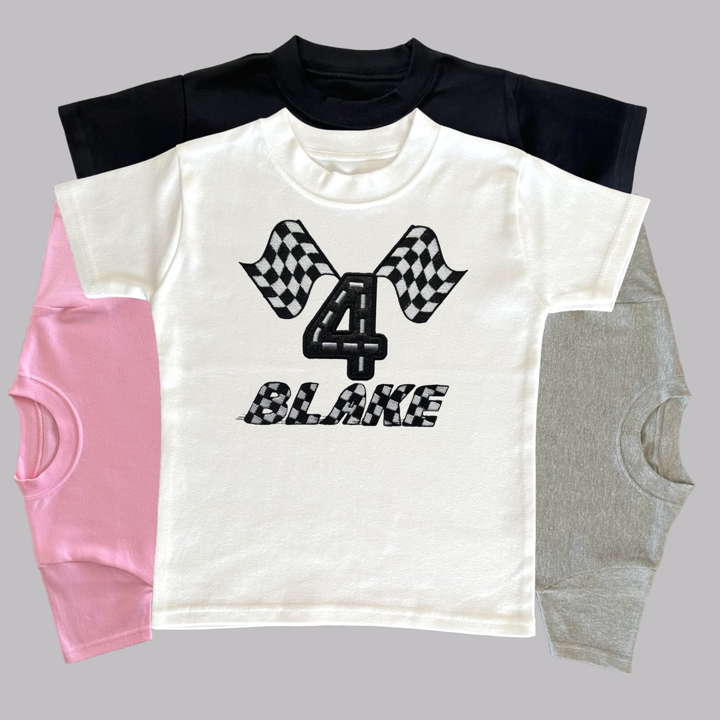 Personalised Embroidered Children's Birthday Top. Cute Applique Embroidered Chequered Flag Design Personalised with Age and Name. Great Gift