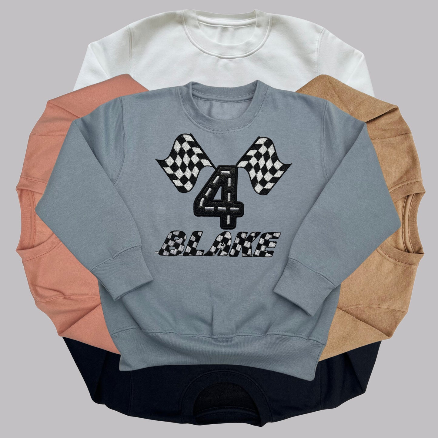 Personalised Embroidered Children's Birthday Top. Cute Applique Embroidered Chequered Flag Design Personalised with Age and Name. Great Gift