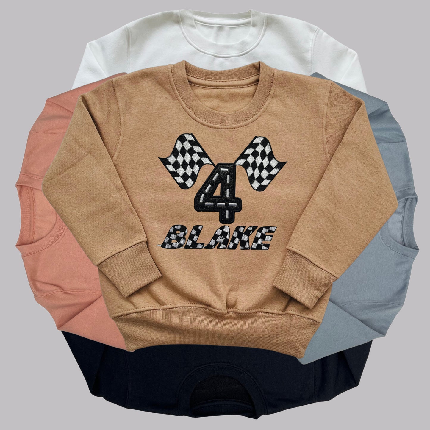 Personalised Embroidered Children's Birthday Top. Cute Applique Embroidered Chequered Flag Design Personalised with Age and Name. Great Gift