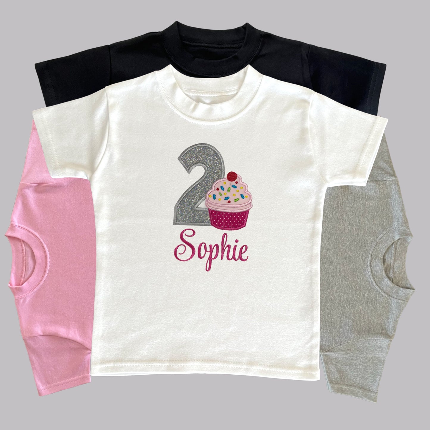 Personalised Embroidered Children's Birthday Top. Cute Applique Embroidered Cupcake Personalised with Age and Name Perfect Birthday Outfit