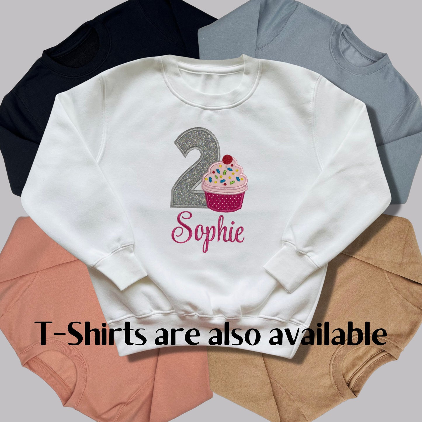 Personalised Embroidered Children's Birthday Top. Cute Applique Embroidered Cupcake Personalised with Age and Name Perfect Birthday Outfit
