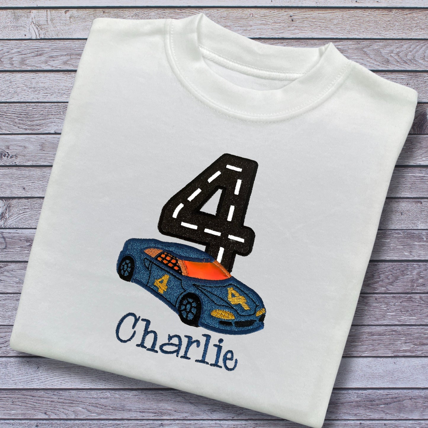 Personalised Embroidered Children's Birthday Top. Cute Applique Embroidered Blue Racing Car Personalised with Age and Name. Great Gift
