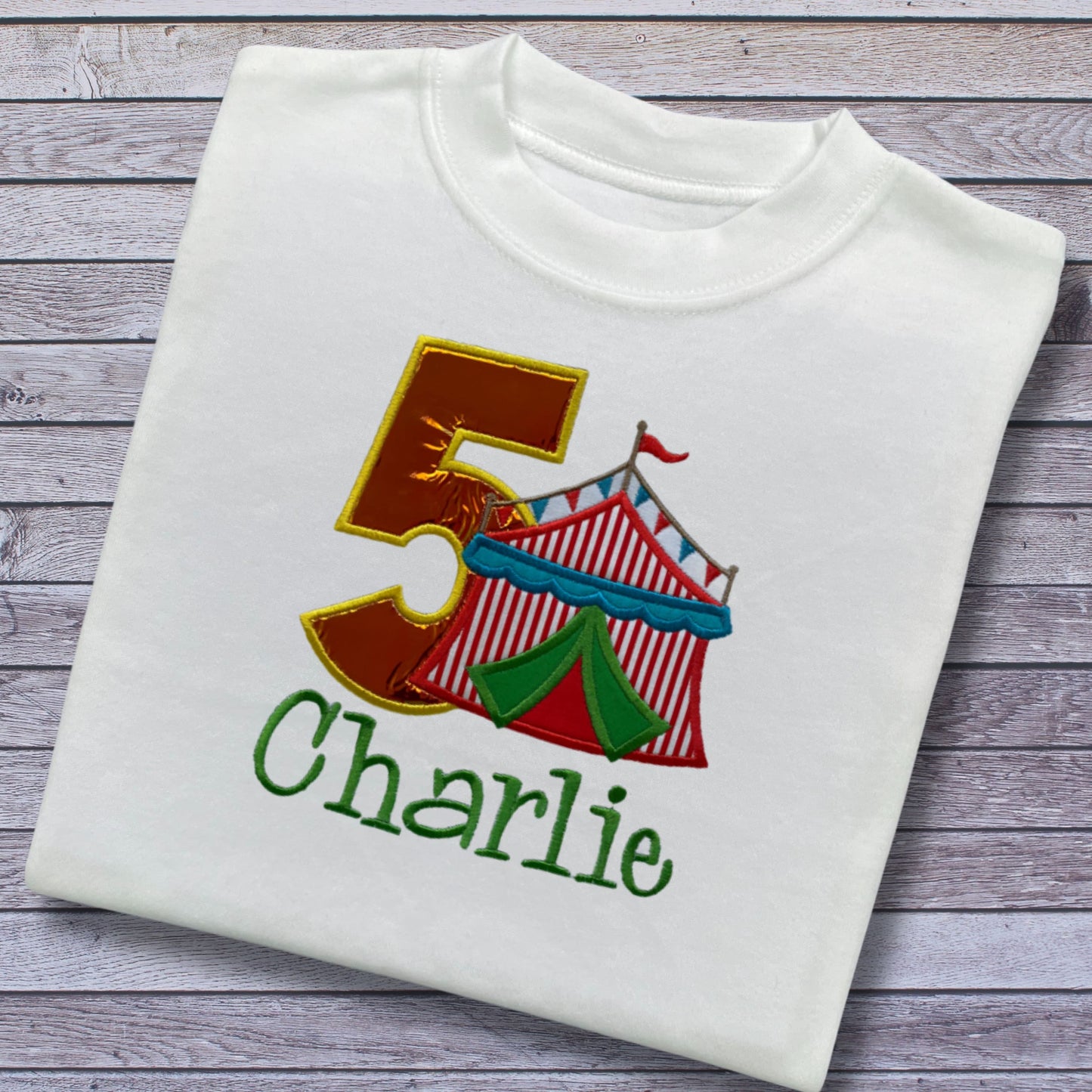 Personalised Embroidered Children's Birthday Top. Cute Applique Embroidered Circus Personalised with Age and Name Perfect Birthday Outfit