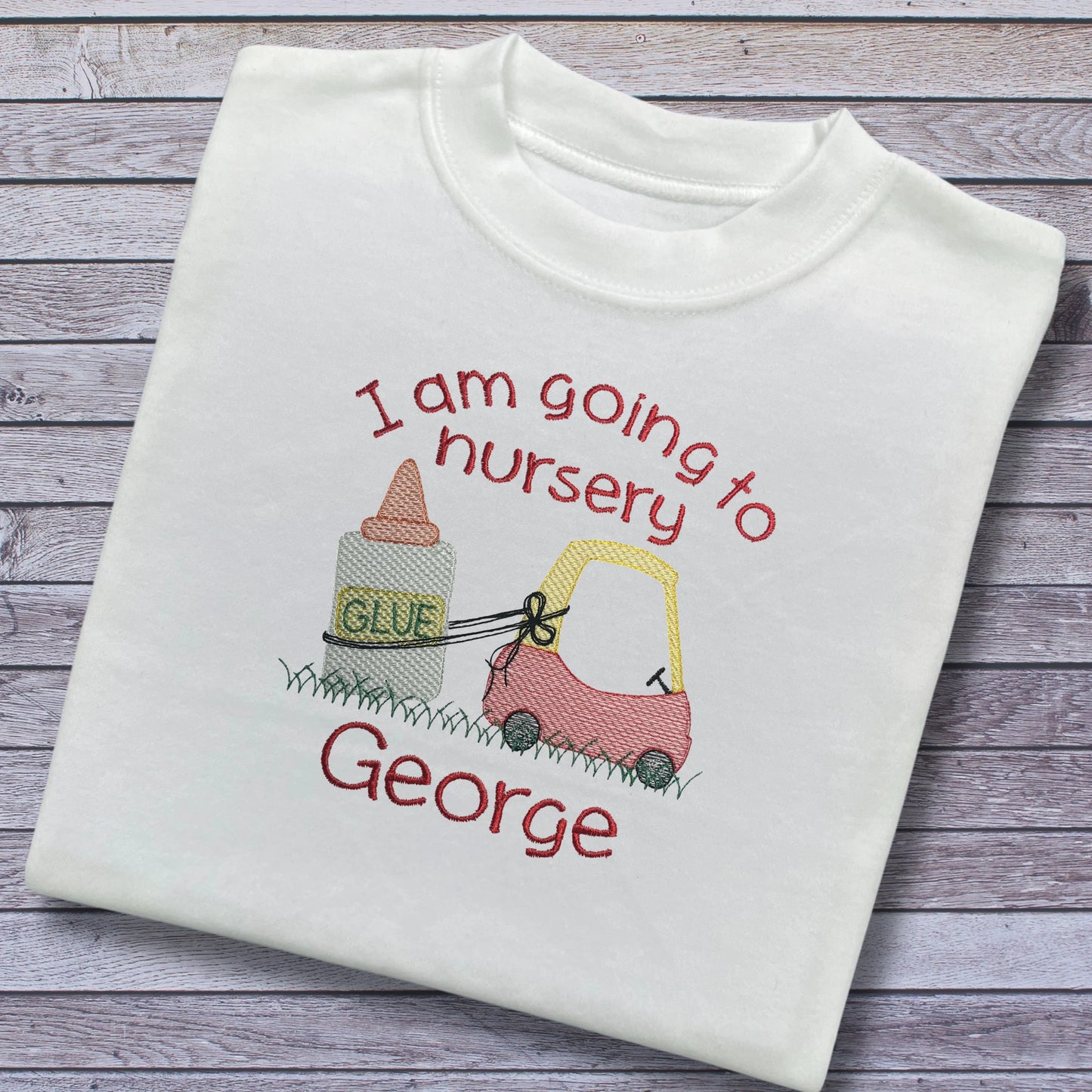 Personalised Embroidered Children's Going to Nursery Top: Red Car Design