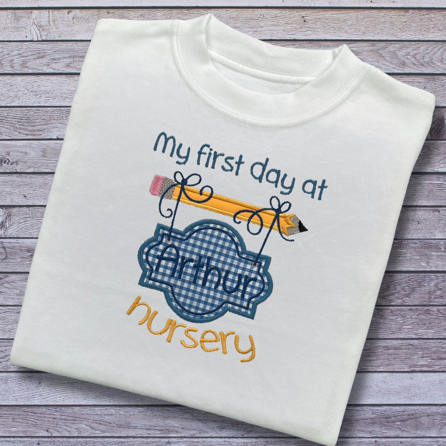 Personalised Embroidered 'My first day at nursery' Top's with Blue or Pink Gingham Design. Personalised with Child's Name. Choice of Garment