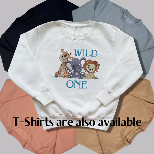 Personalised Embroidered Children's Birthday Top: 'Wild One' Safari Animals Design