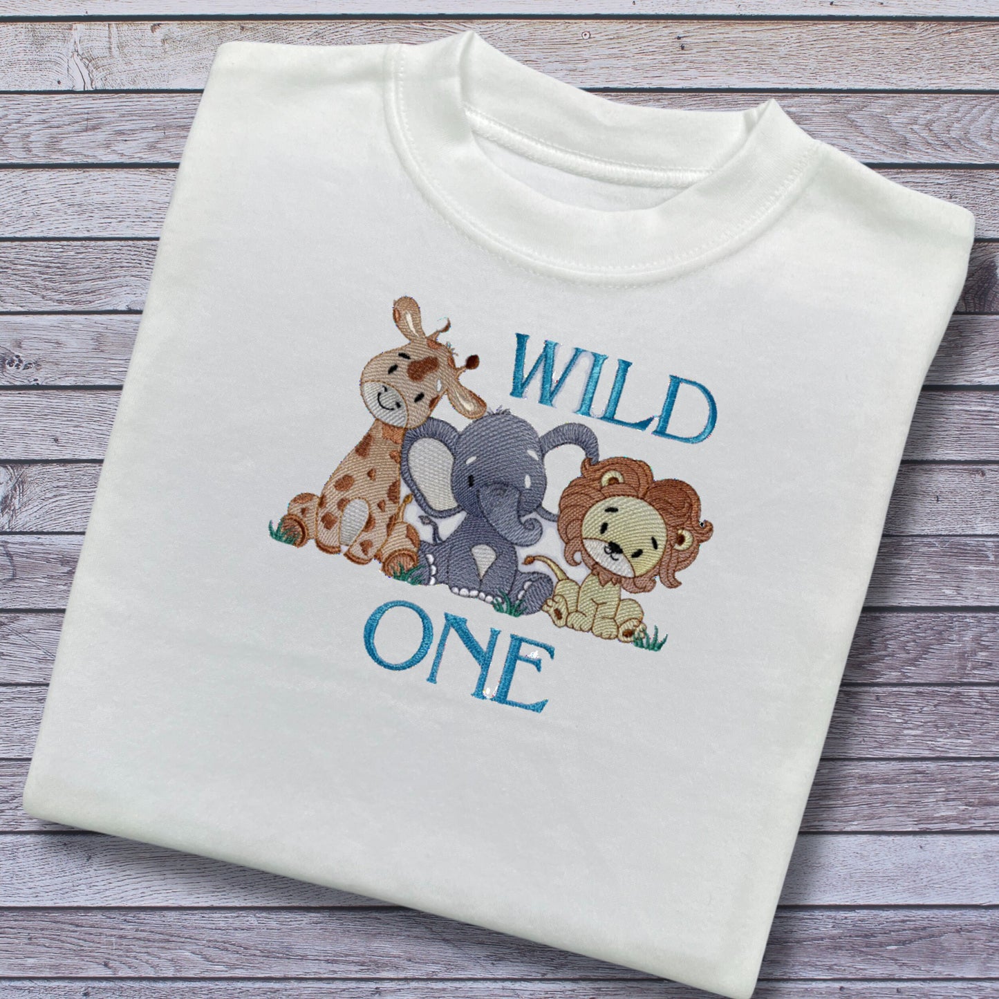 Personalised Embroidered Children's Birthday Top: 'Wild One' Safari Animals Design