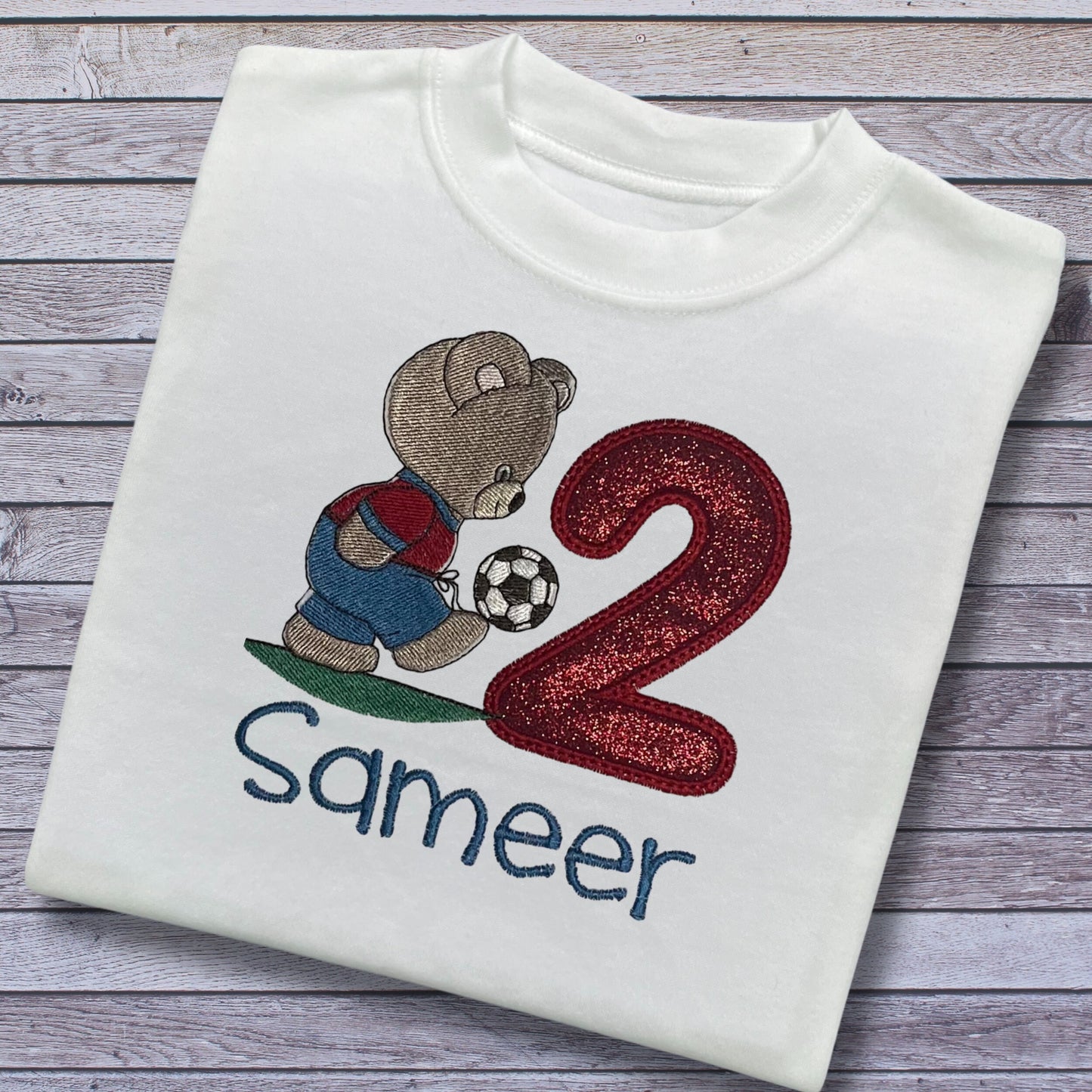 Personalised Embroidered Children's Birthday Top. Teddy Bear Footballer.