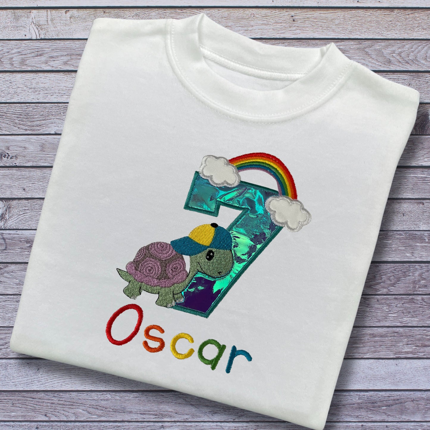 Personalised Embroidered Children's Birthday Top, Turtle and Rainbow Design.