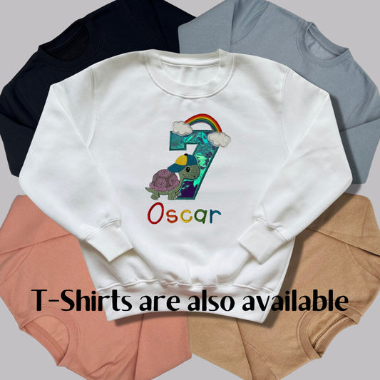 Personalised Embroidered Children's Birthday Top, Turtle and Rainbow Design.