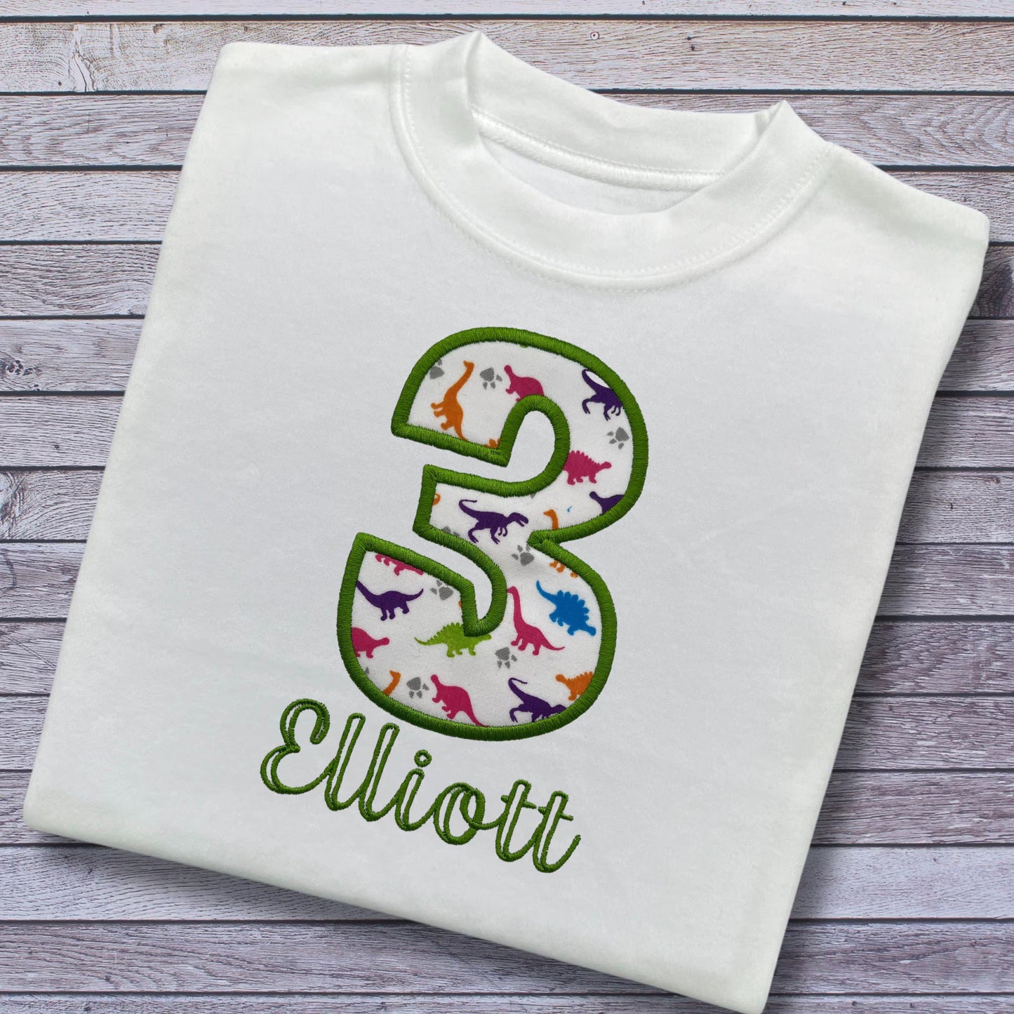 Personalised Embroidered Children's Birthday Top: Dinosaur Fabric Number