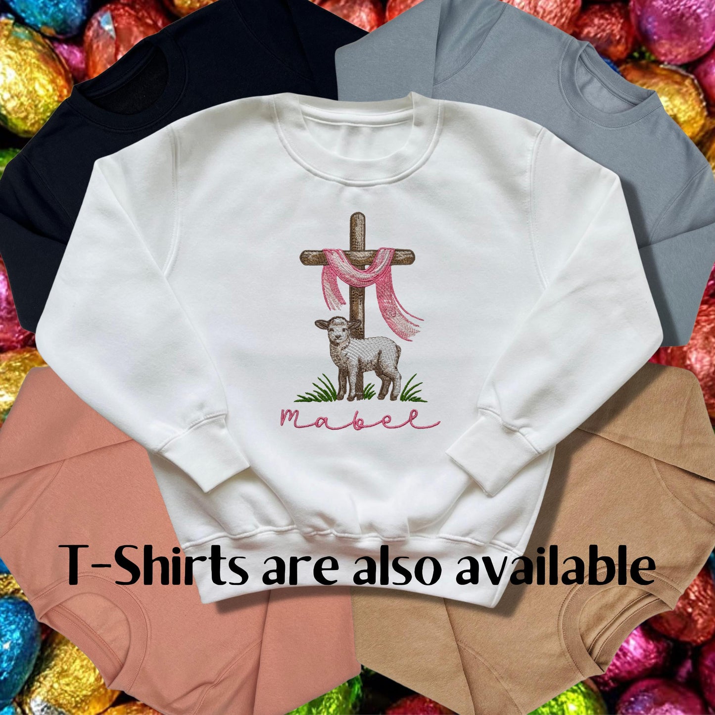 Personalised Embroidered Children's Easter Top: Cross and Lamb Design.
