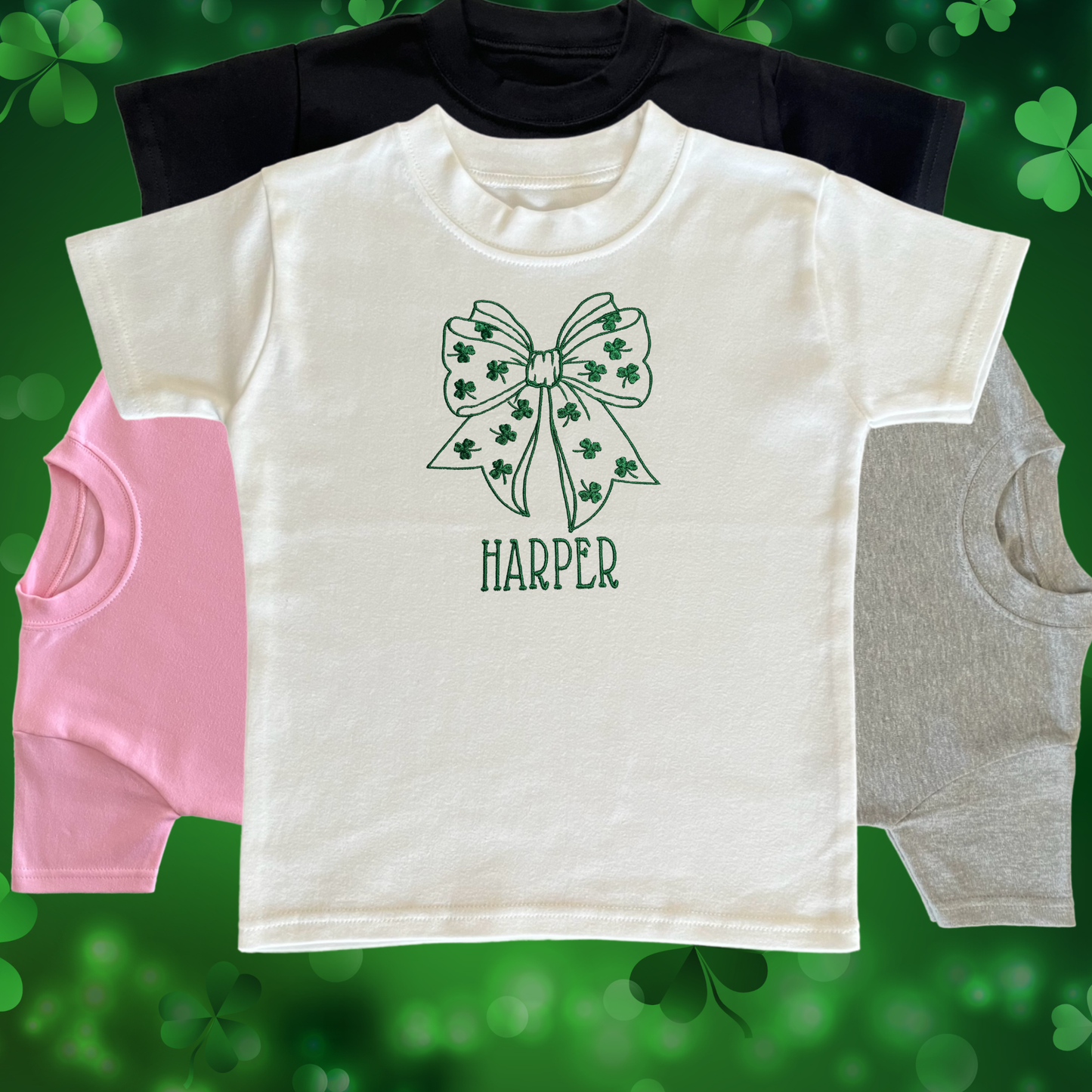 Personalised Embroidered Children's St Patrick's Day Bow with Shamrocks Design