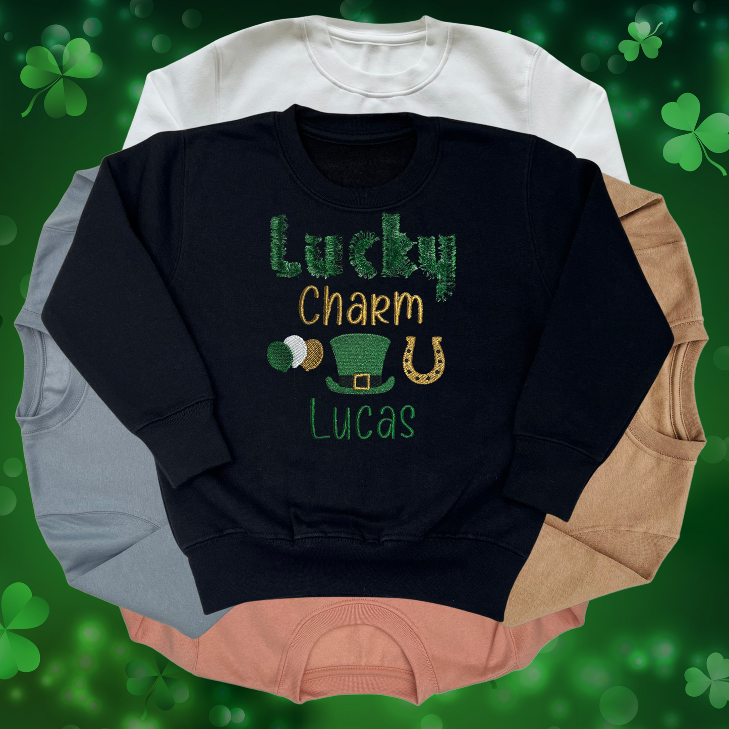 Personalised Embroidered Children's St Patrick's Day Lucky Charm Design