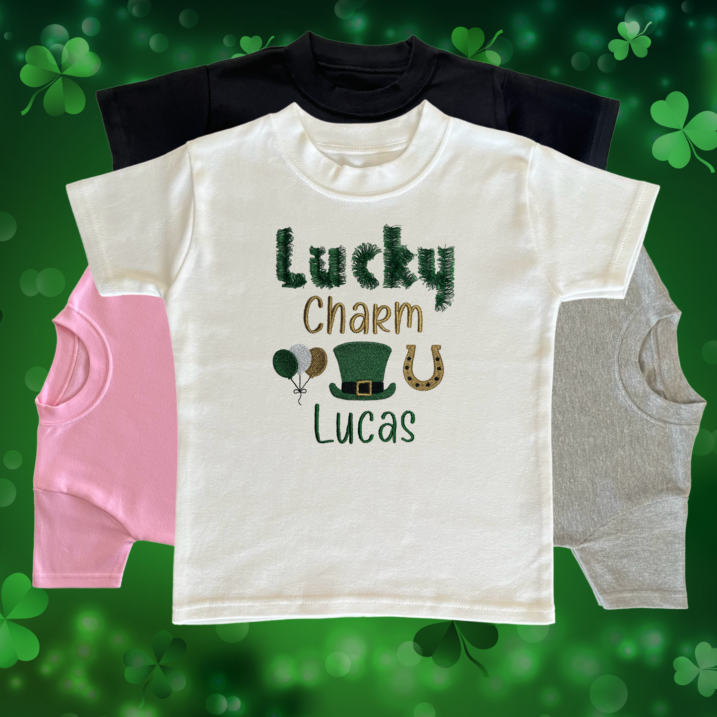 Personalised Embroidered Children's St Patrick's Day Lucky Charm Design