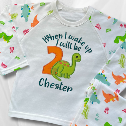 Childrens Personalised Embroidered Birthday Pyjamas 'When I wake up I will be' Embroidered Cute Dinosaur Design with the Childs Name and Age