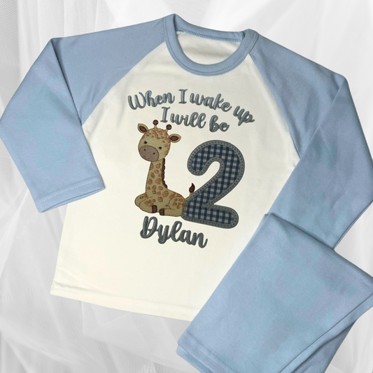 Childrens Personalised Embroidered Birthday Pyjamas 'When I wake up I will be' Embroidered Giraffe Design with the Childs Name and Age