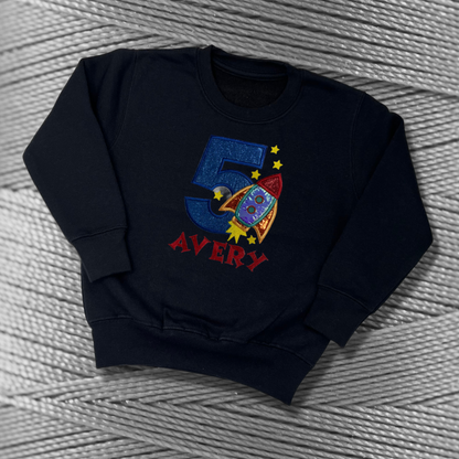 Personalised Embroidered Birthday Rocket Design Sweatshirt for Kids