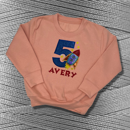Personalised Embroidered Birthday Rocket Design Sweatshirt for Kids