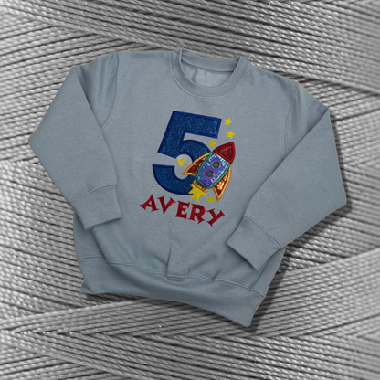 Personalised Embroidered Birthday Rocket Design Sweatshirt for Kids