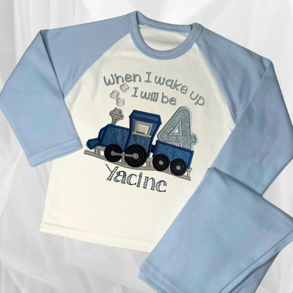 Childrens Personalised Embroidered Birthday Pyjamas 'When I wake up I will be' Embroidered Steam Train Design with the Childs Name and Age