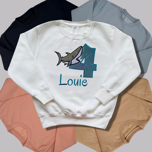 Personalised Embroidered Birthday Shark Design Sweatshirt for Kids