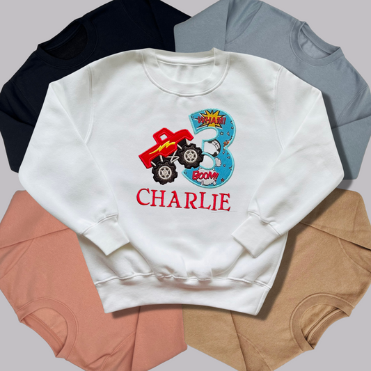 Personalised Embroidered Birthday Monster Truck Design Sweatshirt for Kids