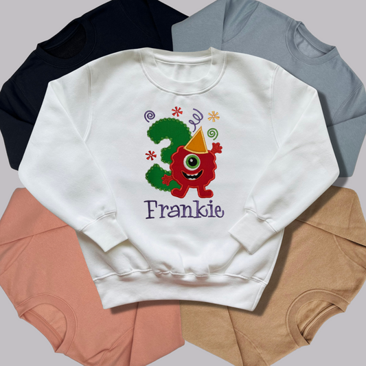 Personalised Embroidered Birthday Funny Monster Design Sweatshirt for Kids