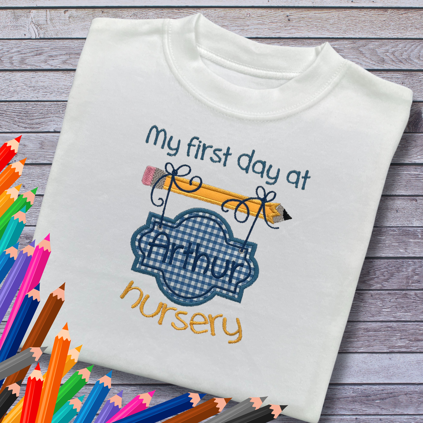 Personalised Embroidered Children's Starting Nursery Top Gingham Design