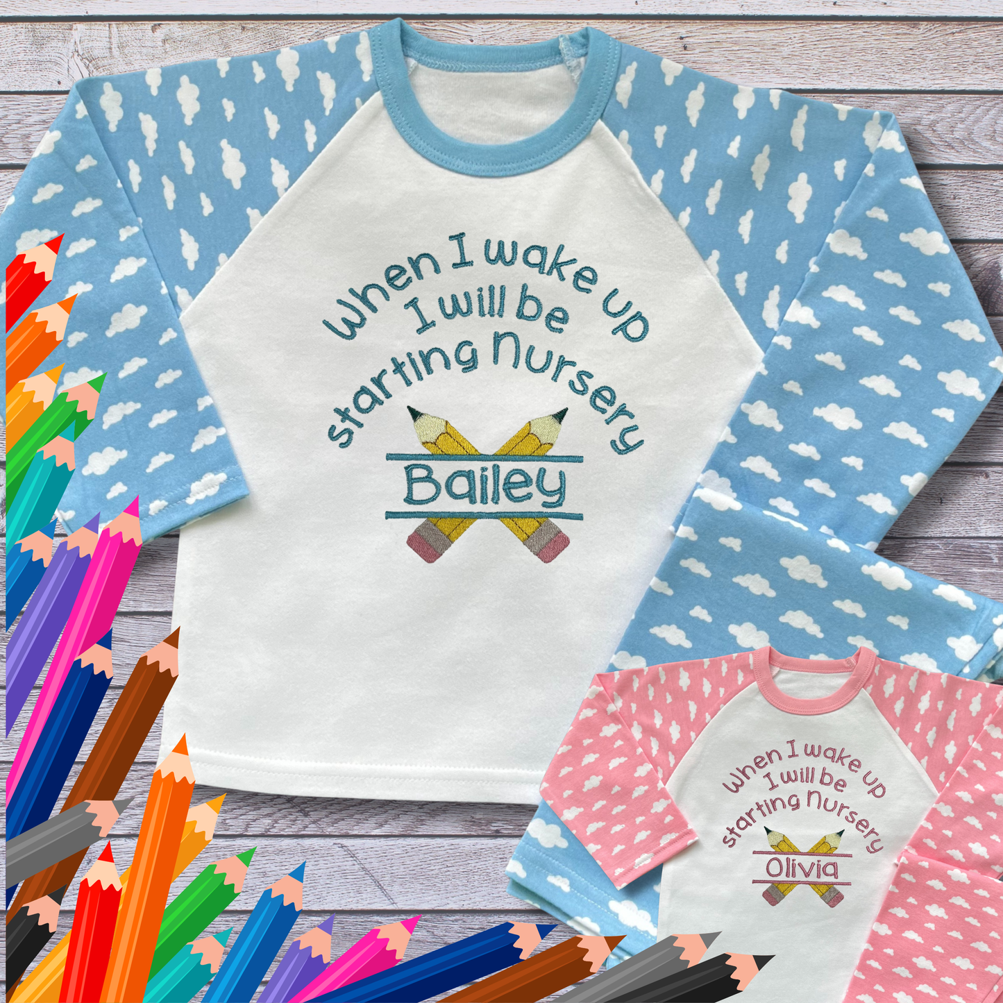 Personalised Embroidered Children's Pyjamas: Going to Nursery School Pencil Design