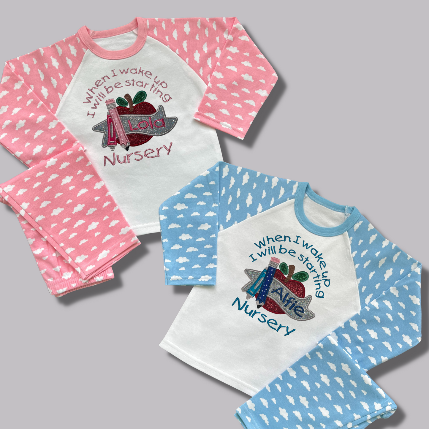 Personalised Embroidered Children's Pyjamas: Starting Nursery School Apple Design