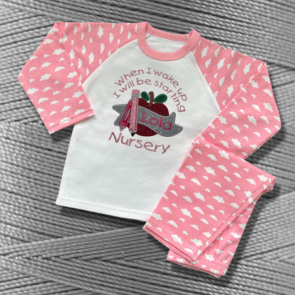 Personalised Embroidered Children's Pyjamas: Starting Nursery School Apple Design