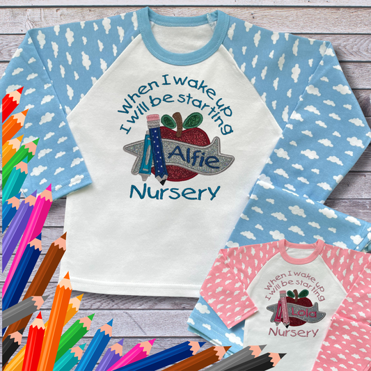 Personalised Embroidered Children's Pyjamas: Starting Nursery School Apple Design