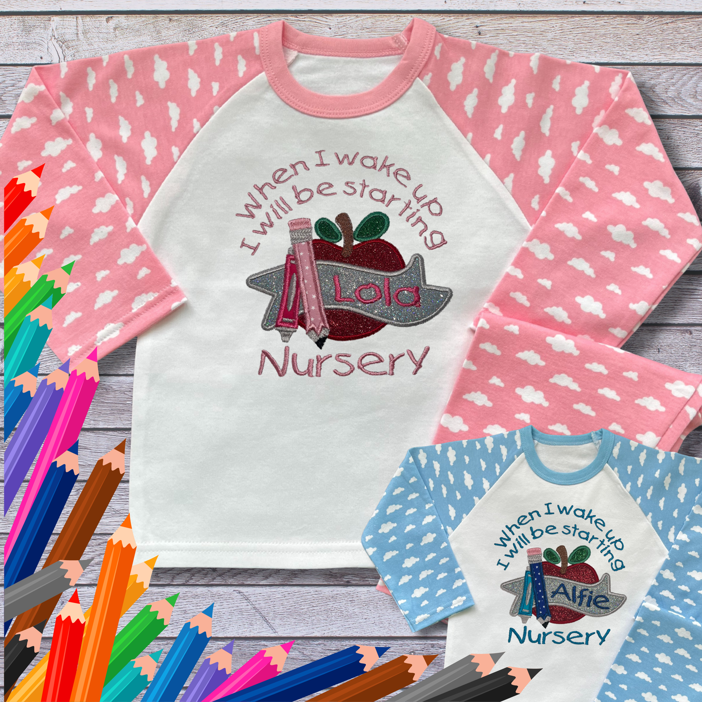 Personalised Embroidered Children's Pyjamas: Starting Nursery School Apple Design