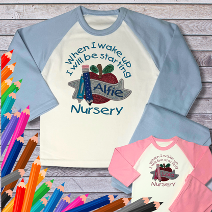 Personalised Embroidered Children's Pyjamas: Starting Nursery School Apple Design