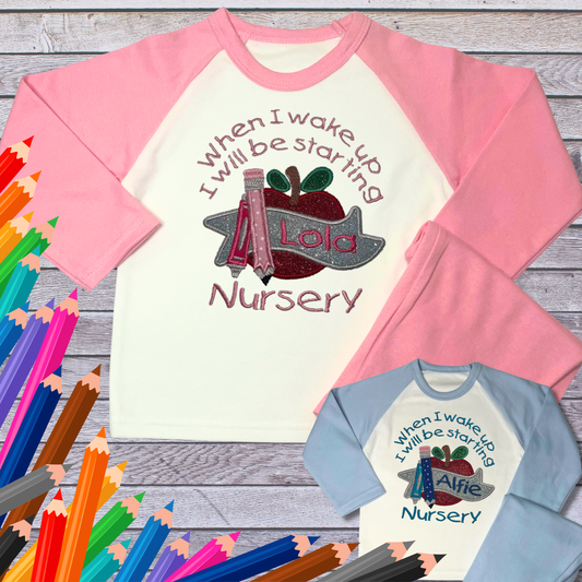 Personalised Embroidered Children's Pyjamas: Starting Nursery School Apple Design