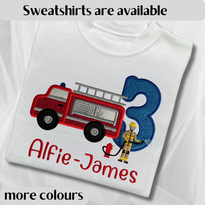 Personalised Embroidered Children's Birthday Top: Fire Engine Design