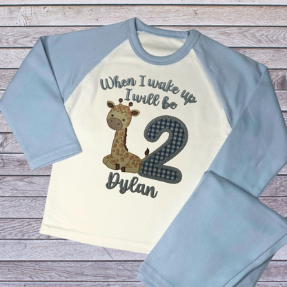 Childrens Personalised Embroidered Birthday Pyjamas 'When I wake up I will be' Embroidered Giraffe Design with the Childs Name and Age