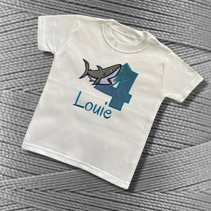 Personalised Embroidered Birthday Shark Design T-Shirt for Kids