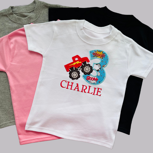 Personalised Embroidered Birthday Monster Truck Design T-Shirt for Kids